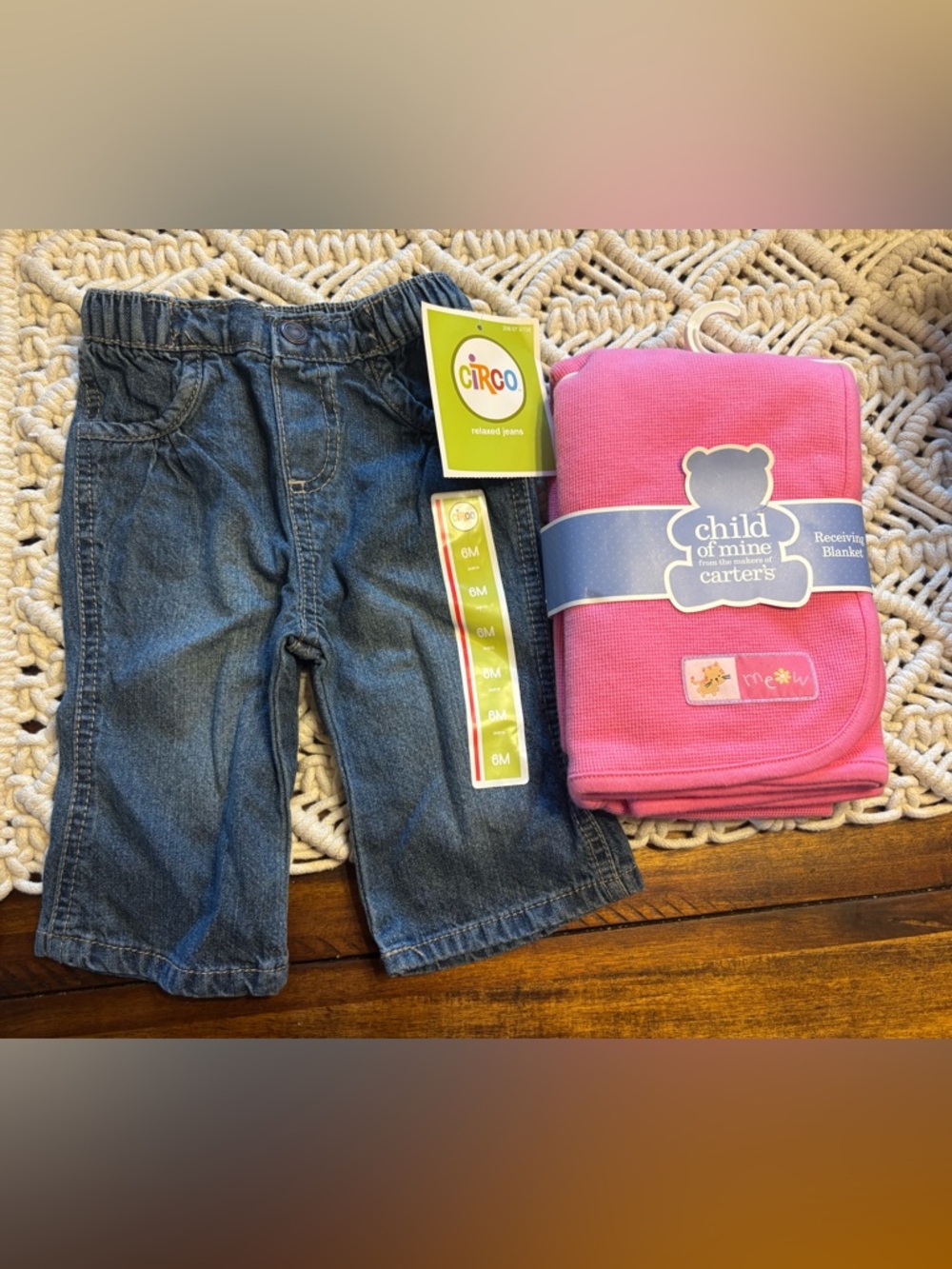 Circo Blue Denim Baby Jeans with Bright Pink Blanket